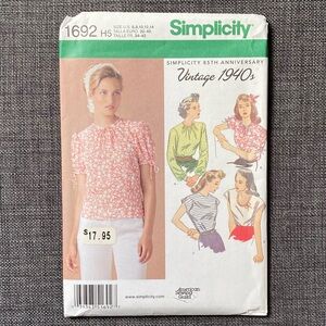 Simplicity 1940s tops pattern 1692 NWT